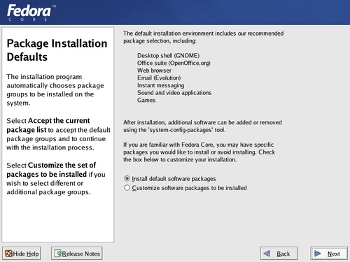 Package Installation Defaults Screen