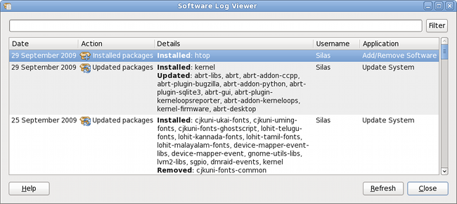 Viewing the log of package management transactions with the Software Log Viewer