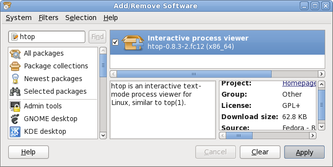 Viewing and installing a package with PackageKit's Add/Remove Software window