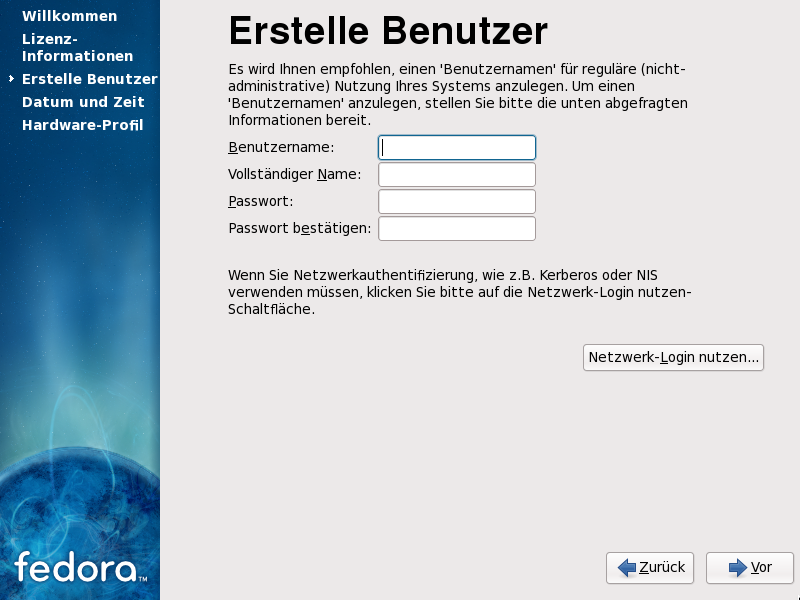 Firstboot create user screen
