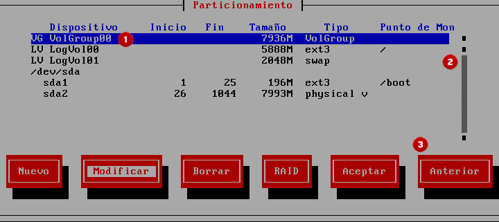Widgets del programa de instalación tal y como se muestran en la pantalla de particionamiento