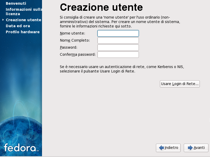 Schermata di creazione utente Firstboot