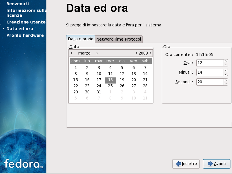 Schermata di data e ora di Firstboot