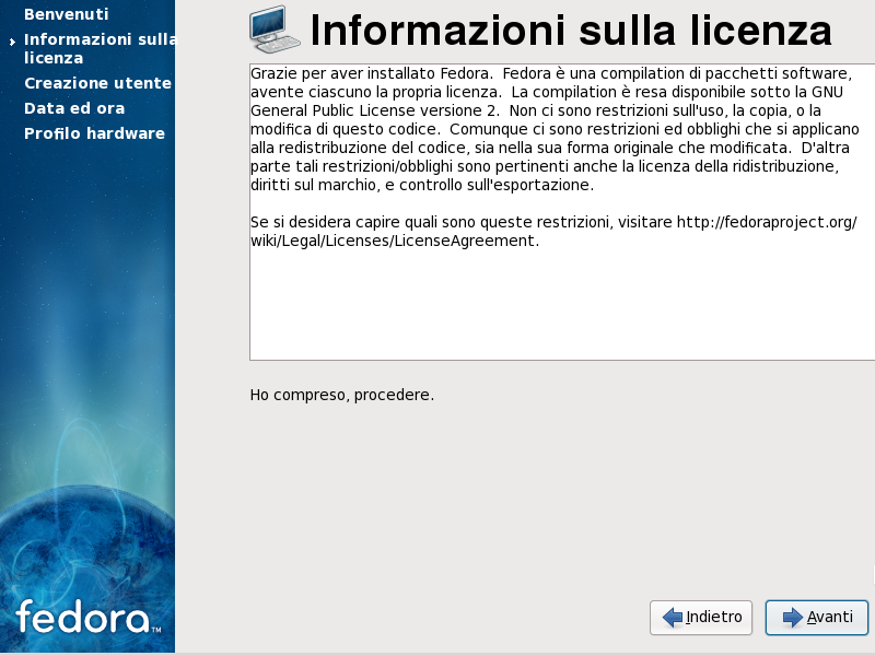 Schermata della licenza di Firstboot