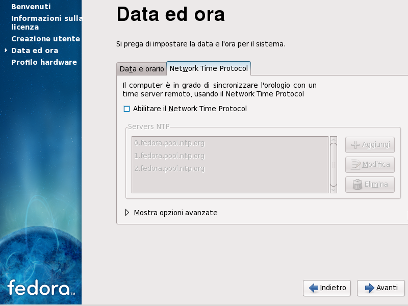 Schermata Network Time Protocol di Firstboot