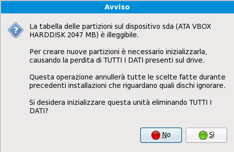 Schermata di avviso – inizializzazione del disco fisso