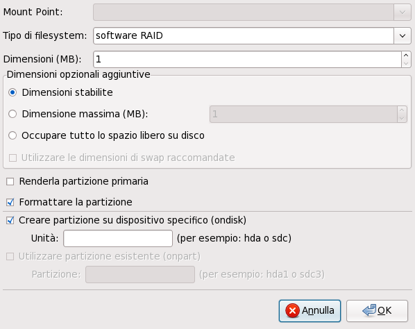 Creazione di una partizione RAID software