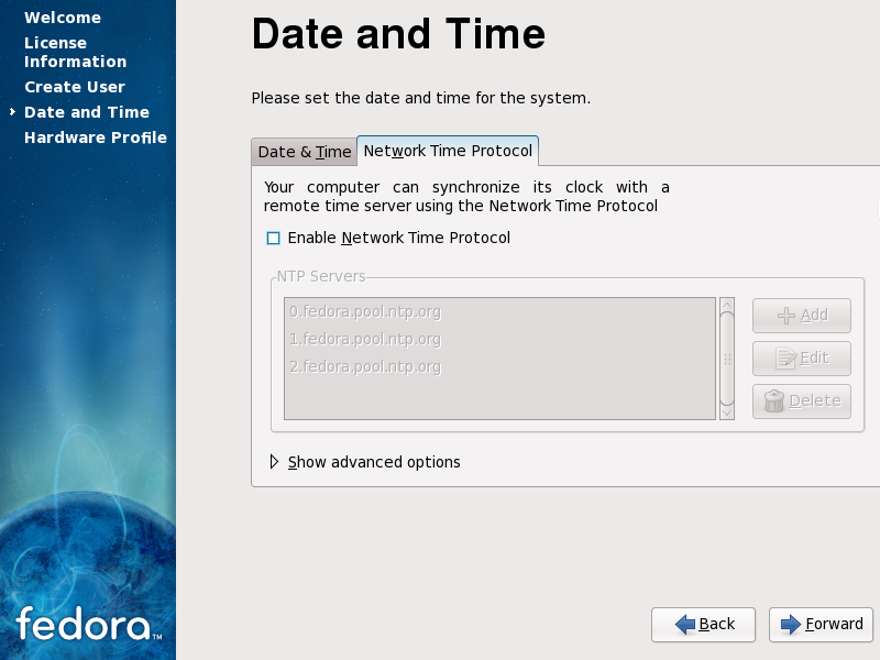 Firstboot Network Time Protocol screen