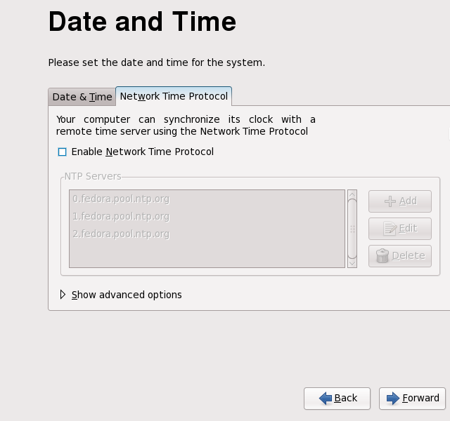 Firstboot Network Time Protocol screen