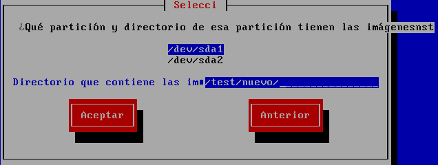 Selección del diálogo de particiones para la instalación desde el disco duro