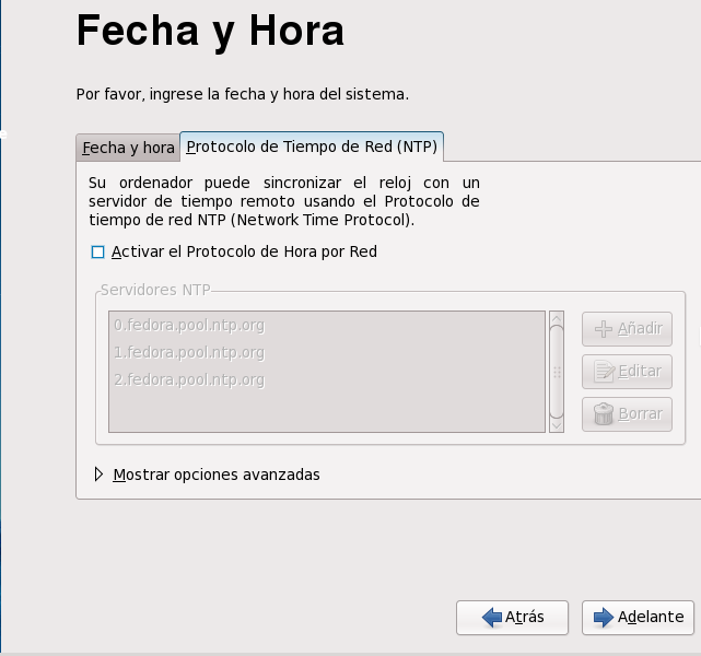 Firstboot Network Time Protocol screen