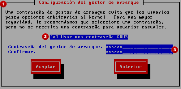 Widgets del programa de instalación tal y como se muestran en la Configuración del Gestor de arranque