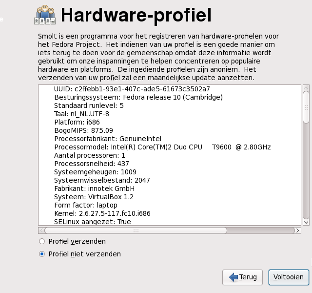 Eerste keer opstarten hardware profiel scherm