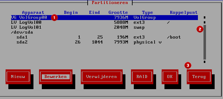 Installatie programma widgets zoals te zien in het partitionering scherm