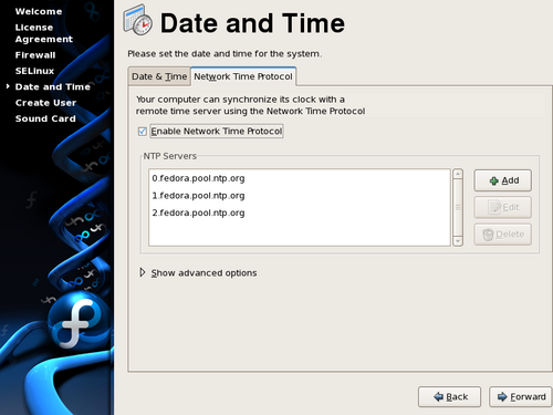 Schermata della data e dell'ora per configurare il servizio network time.