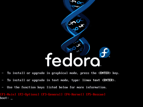 O ecrã de arranque do Fedora Core.