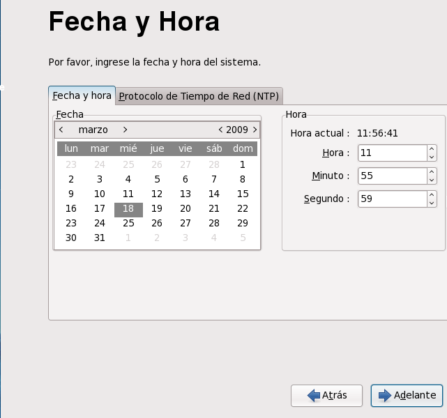 Pantalla de fecha y hora del primer arranque