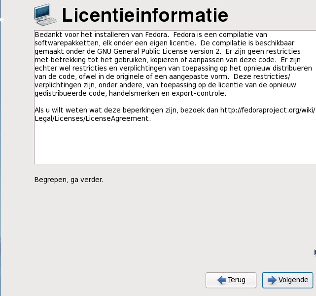 Firstboot licentie scherm