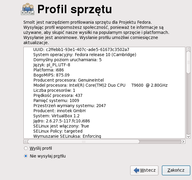 Ekran profilu sprzętu narzędzia pierwszego uruchomienia