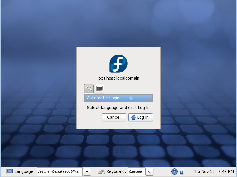 Přihlašovací obrazovka live systému Fedory