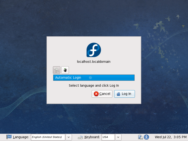 The Fedora live system login screen