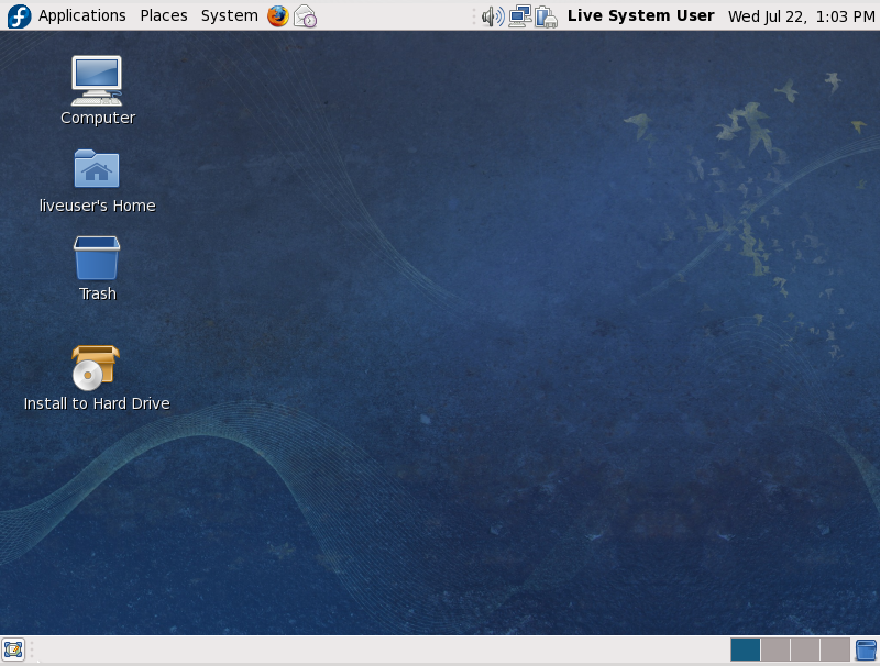 The desktop of the Fedora live system