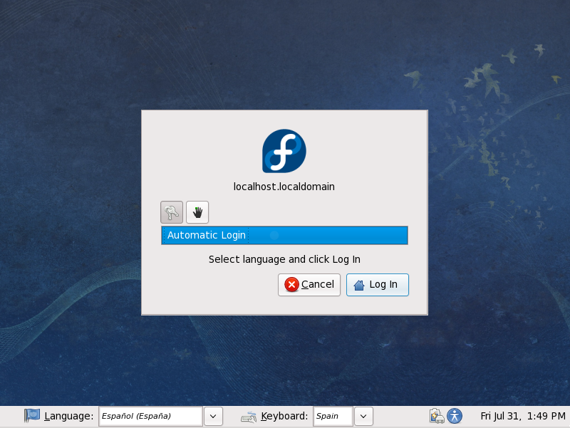 Pantalla de ingreso al sistema vivo Fedora