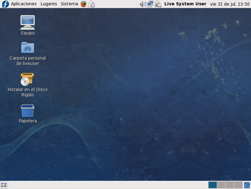 El escritorio del sistema Fedora vivo