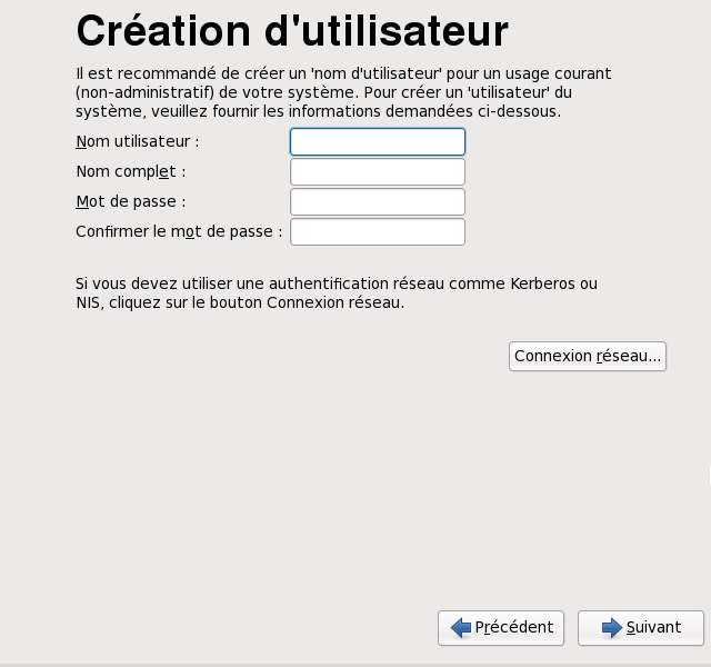 Écran de création de compte utilisateur de Firstboot