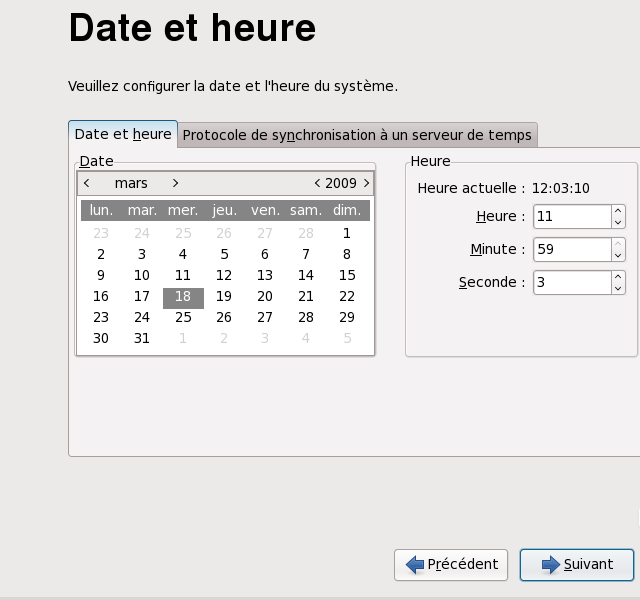 Écran de réglage de la date et de l'heure de Firstboot