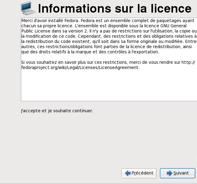 Écran de la licence dans Firstboot