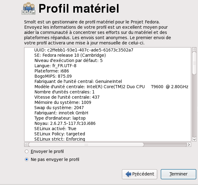 Écran de profil matériel de Firstboot