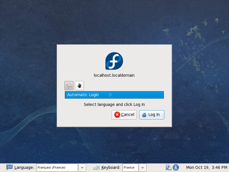 L'écran de connexion de Fedora live