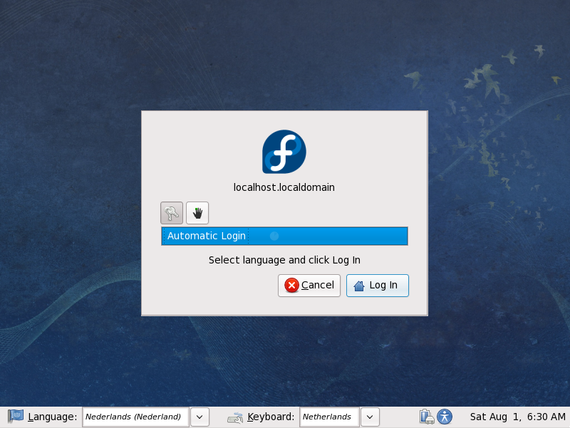 Het Fedora live systeem login scherm