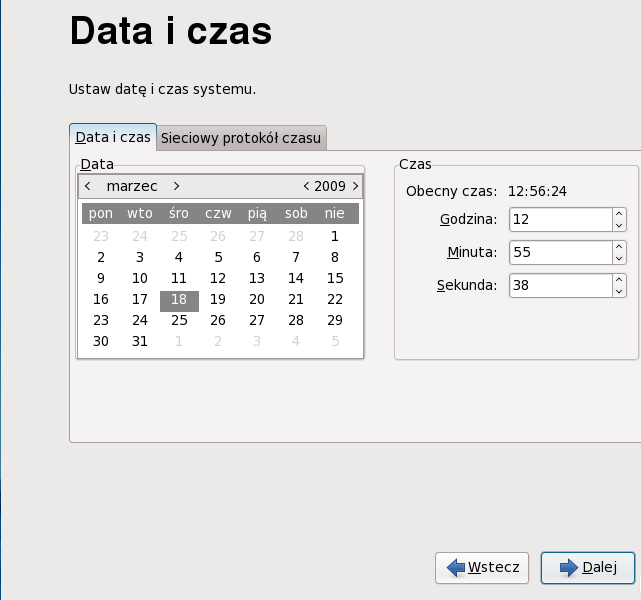 Ekran daty i czas narzędzia pierwszego uruchomienia