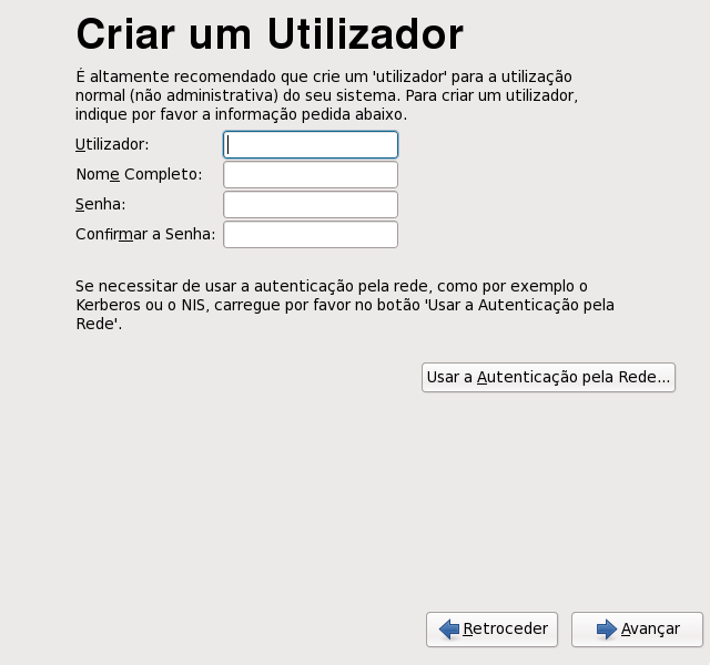 Ecrã de criação de utilizador do primeiro arranque