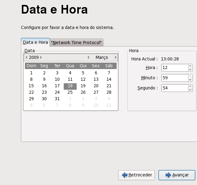 Ecrã de data e hora do primeiro arranque