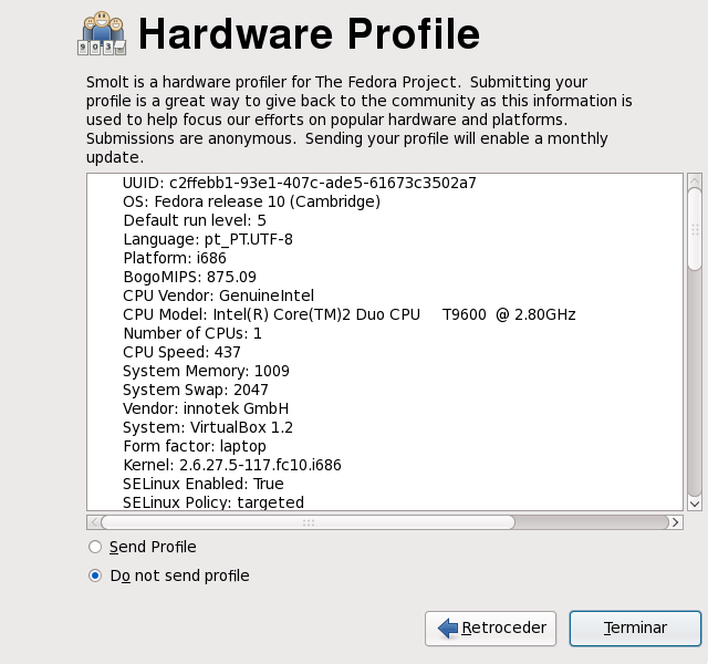 Ecrã do perfil de hardware do primeiro arranque