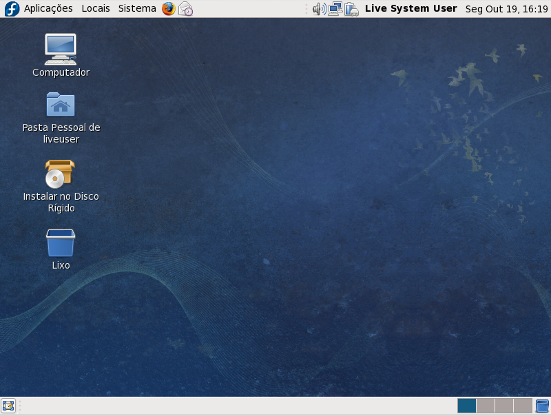 O ambiente de trabalho do sistema Fedora live