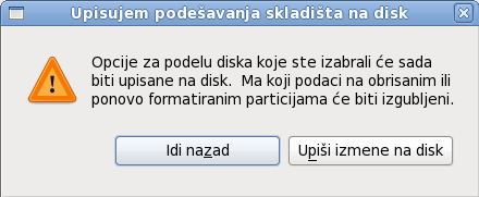Upisivanje podešavanja skladišta na disk