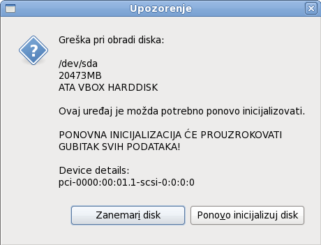 Ekran upozorenja – inicijalizacija čvrstog diska