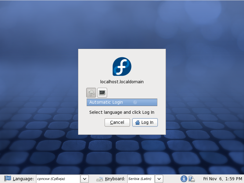 Prijavni ekran živog Fedora sistema