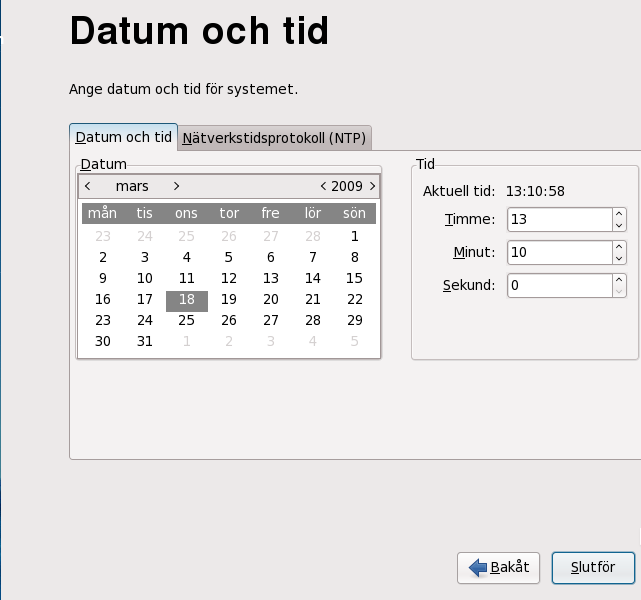 Datum- och tidsskärm vid första start