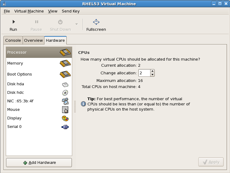 Processor allocation panel