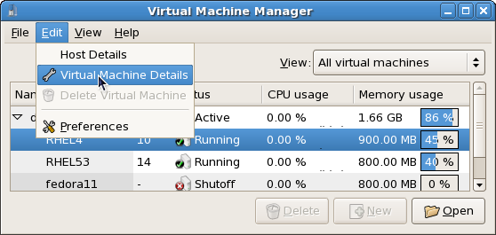 Displaying virtual machine details menu