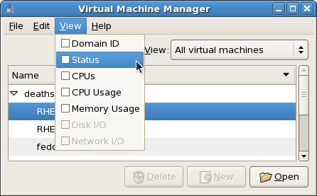 Selecting a virtual machine's status