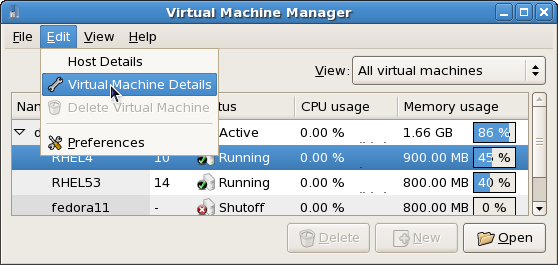 Visualizzazione menu dettagli della macchina virtuale